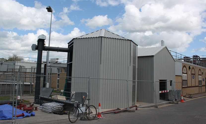 Wood chip silo and boiler house at Bicester Leisure Centre